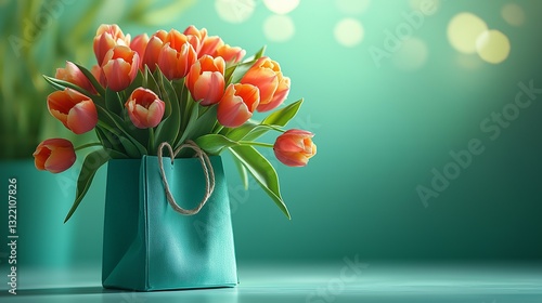 Wallpaper Mural A bouquet of bright orange tulips sits elegantly in a teal vase in the form of a paper bag. holiday greeting card background Torontodigital.ca