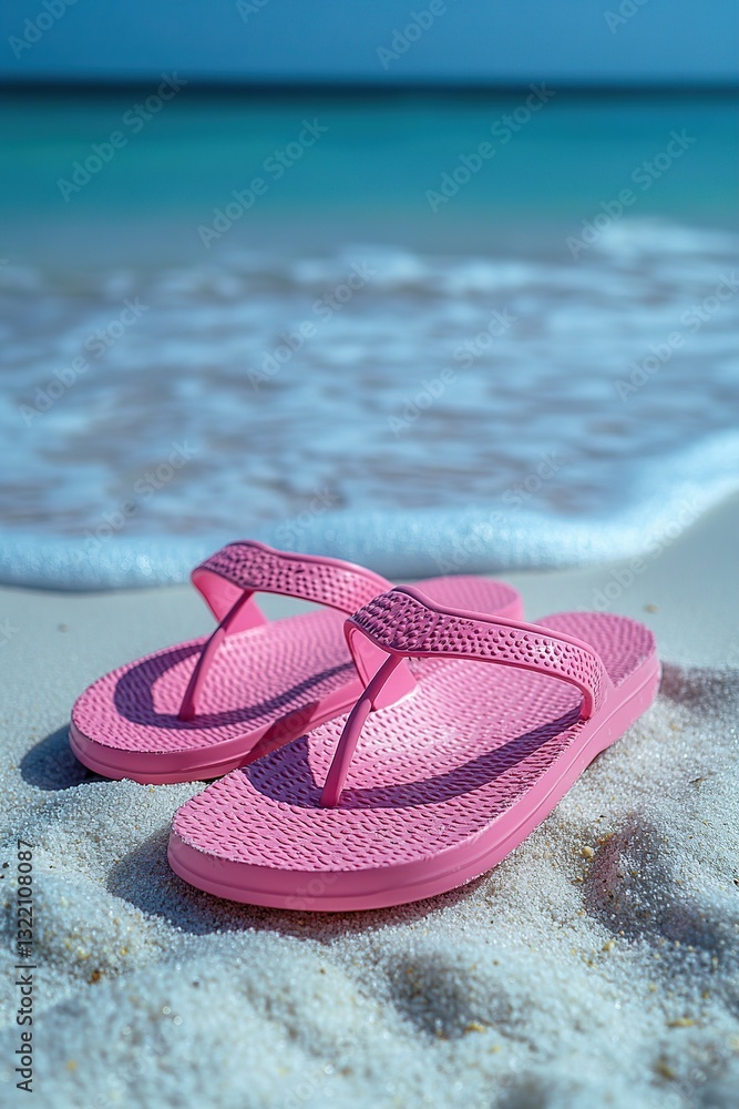 Naklejka premium Bright pink flip flop resting on soft white sand beside gentle ocean waves