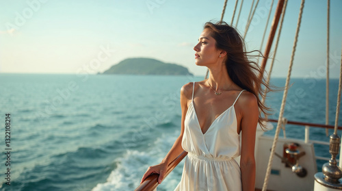 Relaxed woman enjoying sea breeze on a yacht with serene ocean view and copy space.