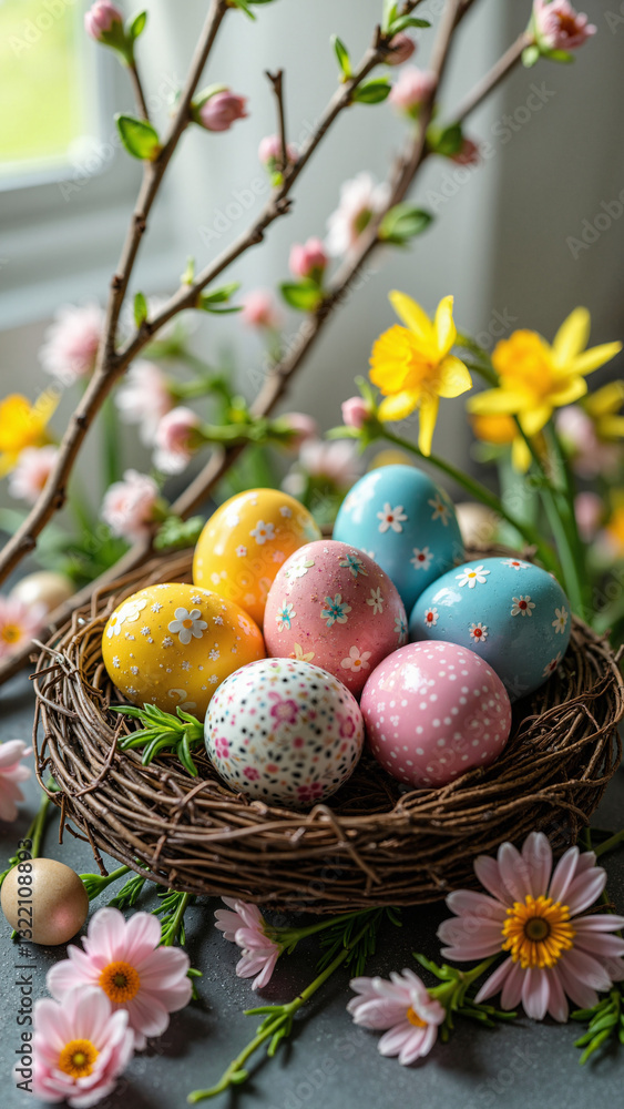 Vibrant Easter Nest with Colorful Eggs and Spring Flowers for Holiday Marketing and Celebrations Vibrant Easter Nest with Colorful Eggs and Spring Flowers for Holiday Marketing and Celebrations