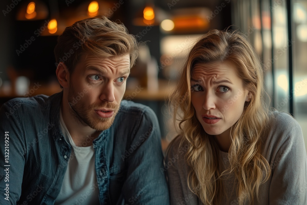 couple man and woman in their 30 discussing in a dusk bistro, both are pensive and worried, serious conversation of married couple couple man and woman in their 30 discussing in a dusk bistro, both are pensive and worried, serious conversation of married couple