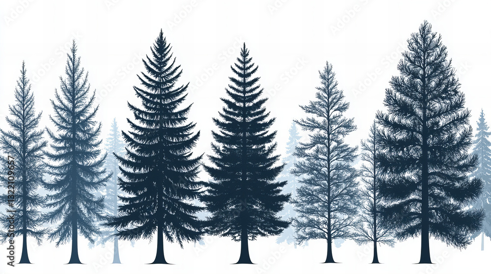 Obraz premium Misty pine forest landscape with dense fog covering evergreen trees in a tranquil wilderness scene during early morning