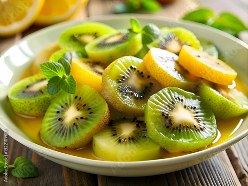 A refreshing bowl of sliced kiwi and lemon.