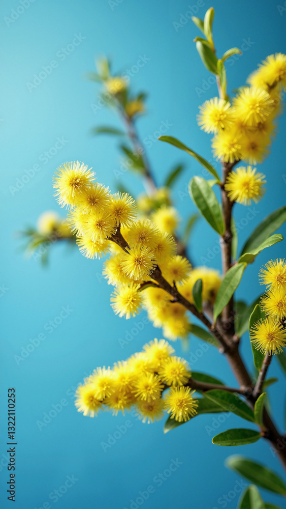 Vibrant Mimosa Branch Against a Serene Blue Background for Spring and Easter Celebrations Vibrant Mimosa Branch Against a Serene Blue Background for Spring and Easter Celebrations