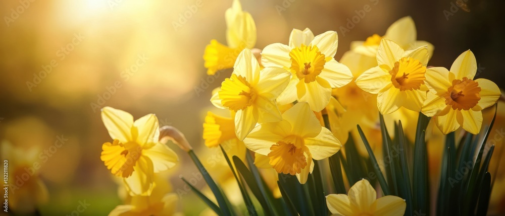Vibrant yellow daffodils blooming outdoors in the warm morning sunlight, symbolizing spring, renewal, and the beauty of nature Vibrant yellow daffodils blooming outdoors in the warm morning sunlight, symbolizing spring, renewal, and the beauty of nature