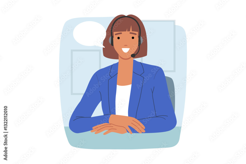 Woman call center operator smiles, sitting at office desk, using headset to consult clients via IP telephony. Girl customer support operator looks at screen, happy to work in hotline