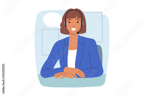 Obraz na płótnie Woman call center operator smiles, sitting at office desk, using headset to consult clients via IP telephony. Girl customer support operator looks at screen, happy to work in hotline w salonie