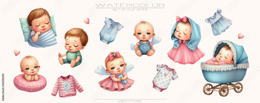 Fototapeta premium Cute Watercolor Vector Set – Gender Reveal, Plush Teddy Bear, Soft Baby Clothing, Delicate Color Palette