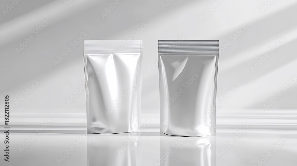 Two glossy pouches on white surface, light and shadow design create elegant backdrop Two glossy pouches on white surface, light and shadow design create elegant backdrop