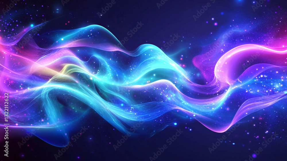 A series of glowing, abstract waves in blue, purple, and green hues. The waves float Abstract Wavy Lights in Blue and Purple A series of glowing, abstract waves in blue, purple, and green hues. The waves float Abstract Wavy Lights in Blue and Purple