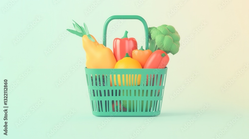 Minimalist illustration of a green shopping basket filled with vibrant fresh fruits and vegetables against a soft pastel background that inspires healthy eating Minimalist illustration of a green shopping basket filled with vibrant fresh fruits and vegetables against a soft pastel background that inspires healthy eating