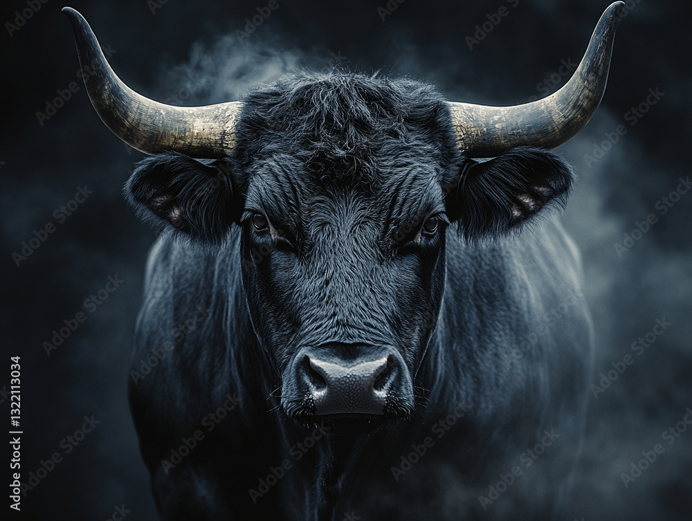 Black bull standing with intense gaze in dark background Black bull standing with intense gaze in dark background