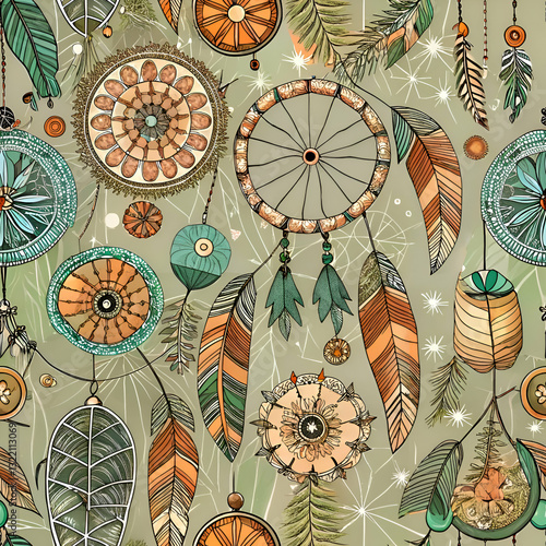 Bohemian Dreamcatcher Pattern with Feathers and Beads.