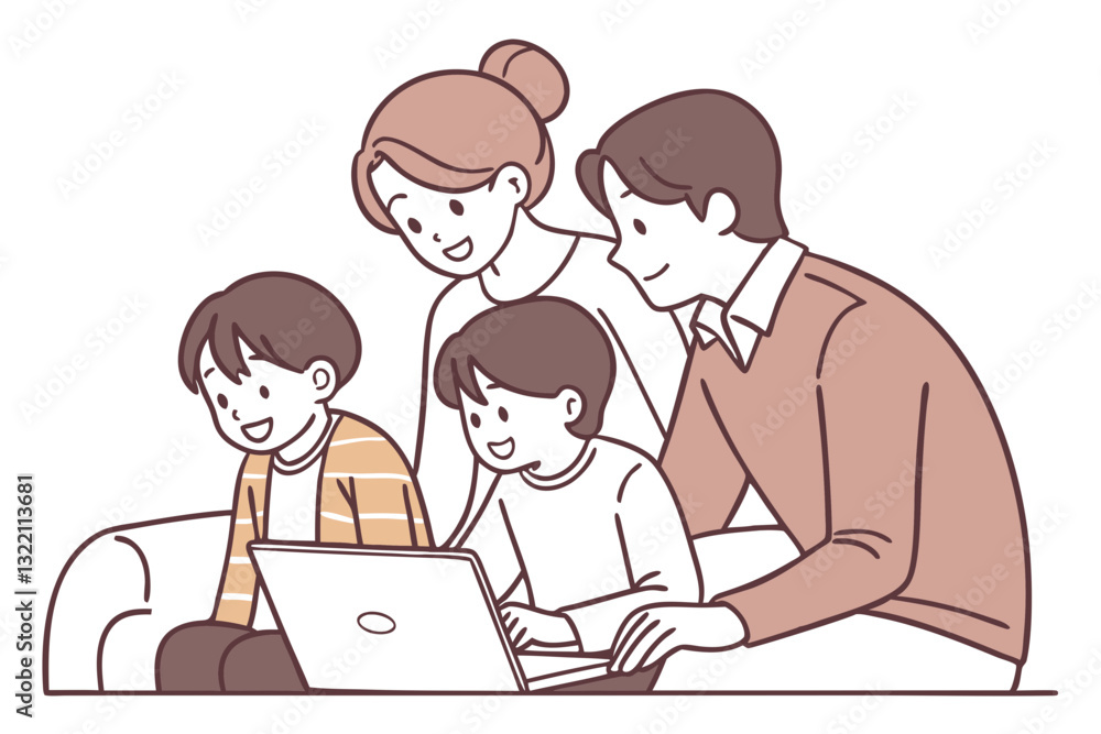 Modern Family Laptop Sharing Moment in Vector Art Style Modern Family Laptop Sharing Moment in Vector Art Style