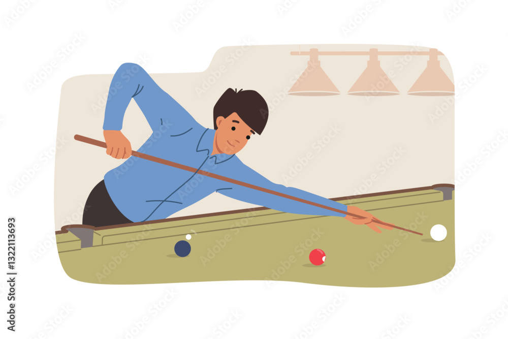 Man plays billiards and holds cue, aiming to pocket ball and win sports tournament. Positive guy relaxes in billiards club after work, enjoying hobby or competing with friends in accuracy.