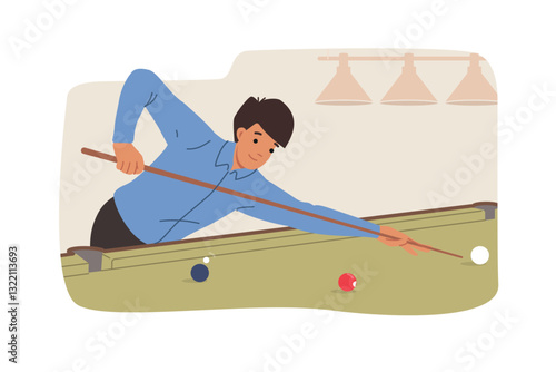 Obraz na płótnie Man plays billiards and holds cue, aiming to pocket ball and win sports tournament. Positive guy relaxes in billiards club after work, enjoying hobby or competing with friends in accuracy. w salonie
