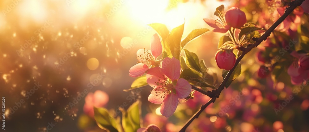 Fototapeta premium Dreamy closeup of pink crab apple blossoms on a branch in golden sunlight, creating a magical and ethereal spring floral background