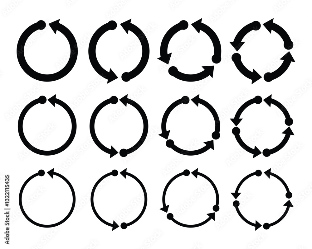 Circle arrow vector set. Black silhouette arrows symbol website graphic design. Simple arrow vector icon isolated on white background. Recycle icon sign symbol. Vector illustration. Circle arrow vector set. Black silhouette arrows symbol website graphic design. Simple arrow vector icon isolated on white background. Recycle icon sign symbol. Vector illustration.