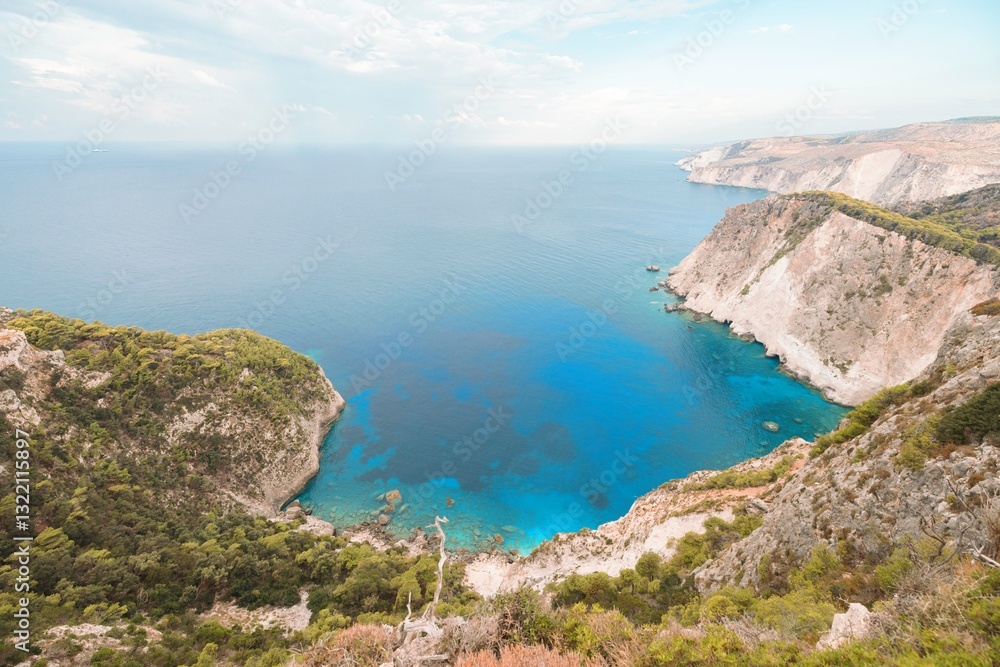Experience the untouched serenity of Zakynthos, where towering cliffs meet sparkling turquoise waters, offering a tranquil escape at sunset over the Ionian Sea Experience the untouched serenity of Zakynthos, where towering cliffs meet sparkling turquoise waters, offering a tranquil escape at sunset over the Ionian Sea