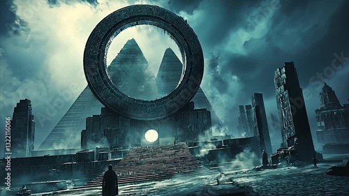 Mysterious ancient portal with pyramids under a stormy sky
