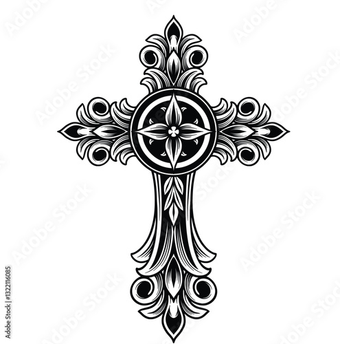 Christian Cross Black Ornament isolated on white background. cross vector illustration
