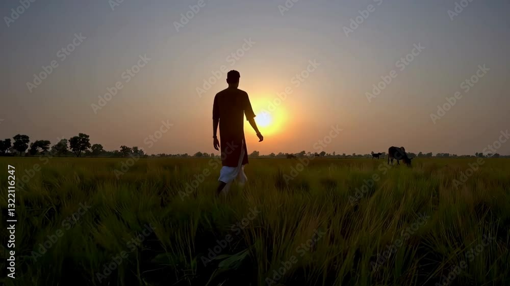 Indian farmer walking through green field at sunset