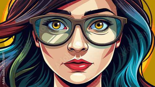 A tight shot of a woman's face wearing glasses atop her eyeglasses