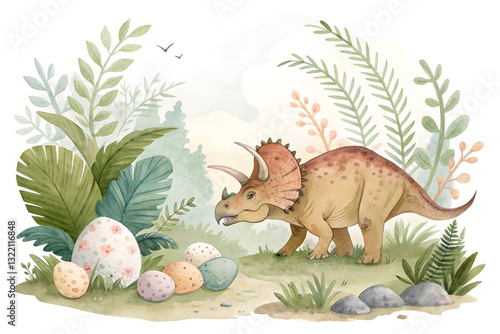 Isolated Watercolor Illustration of Triceratops and Dinosaur Eggs