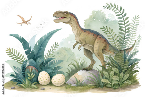 Watercolor Dinosaurs Set: T-Rex and Prehistoric Plants