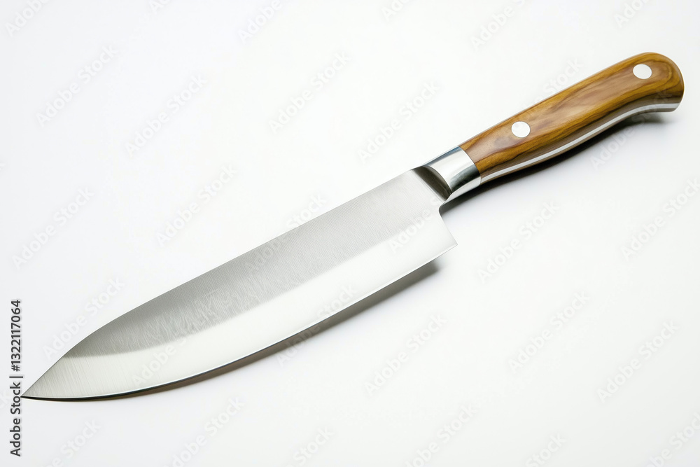High-quality kitchen knife with a wooden handle and sharp blade placed on a clean surface High-quality kitchen knife with a wooden handle and sharp blade placed on a clean surface