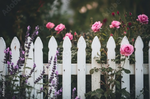 Elegant white picket fence adorned with blooming pink roses and lavender flowers creating a serene garden atmosphere in soft natural lighting.