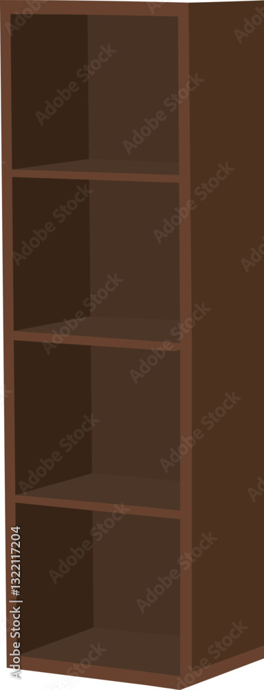 A brown bookcase with four shelves. The bookcase is empty. The bookcase is tall and narrow.Tall storage vector illustration isolated on white background A brown bookcase with four shelves. The bookcase is empty. The bookcase is tall and narrow.Tall storage vector illustration isolated on white background