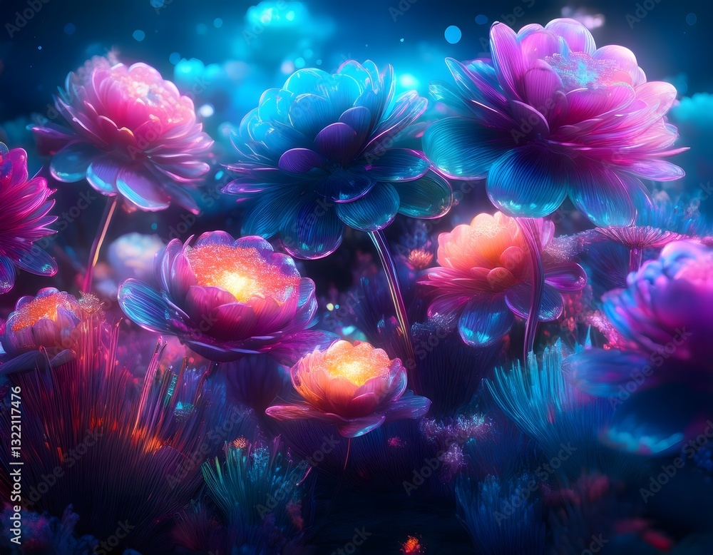 Glowing neon flowers blooming in surreal spring garden Glowing neon flowers blooming in surreal spring garden