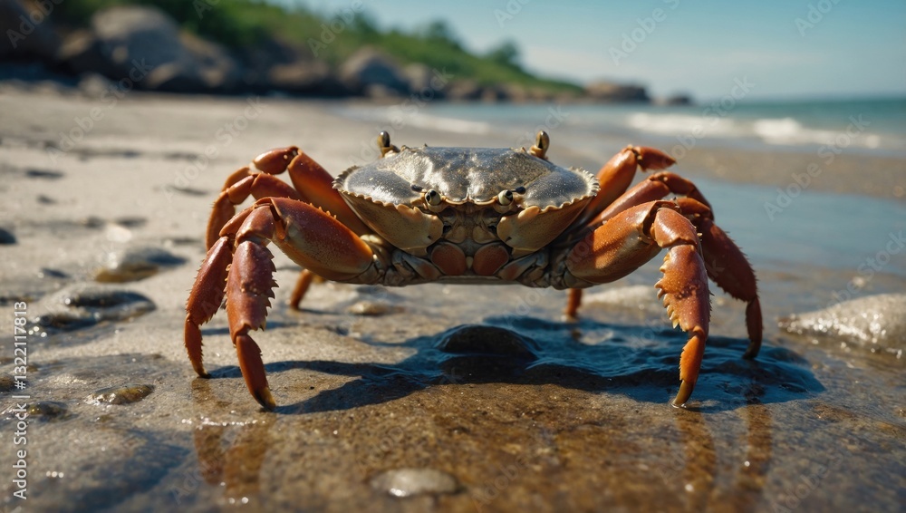 Close-up photograph of a crab, emphasizing its vibrant colors and realistic shell patterns Close-up photograph of a crab, emphasizing its vibrant colors and realistic shell patterns
