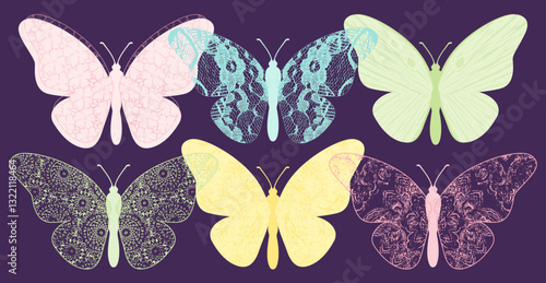 A set of colorful patterned butterflies, in a cut paper style with textures
