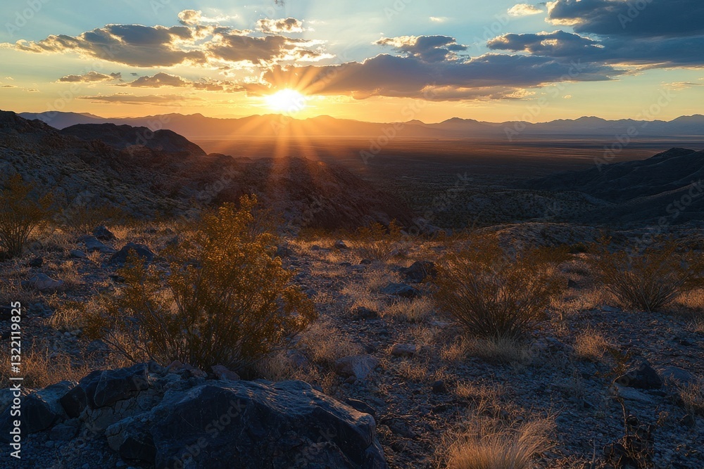 Obraz premium Peaceful Yet Rugged: Sunset Over a Dry Desert Horizon