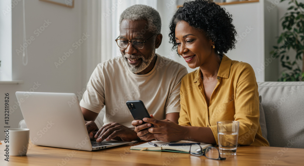 custom made wallpaper toronto digital** Senior Couple Online: Black Couple Using Laptop & Phone Together, Planning, Browsing, Shopping, Staying Connected at Home