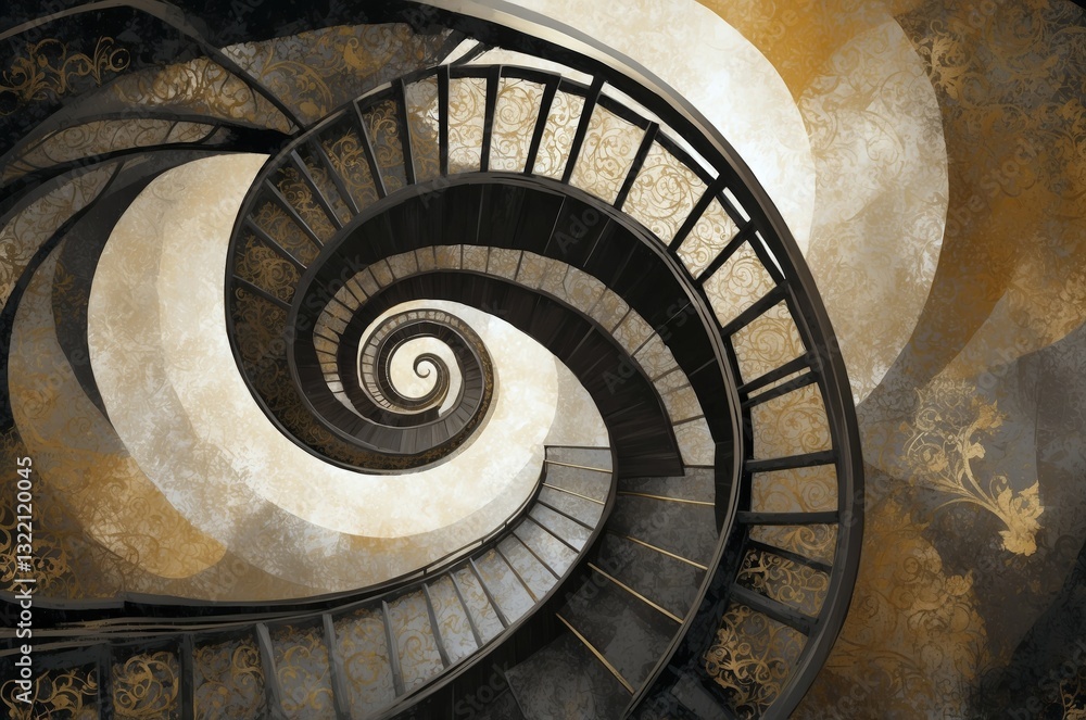Fototapeta premium Spiral staircase design with intricate patterns in a modern interior space showcasing elegant architecture and artistic details