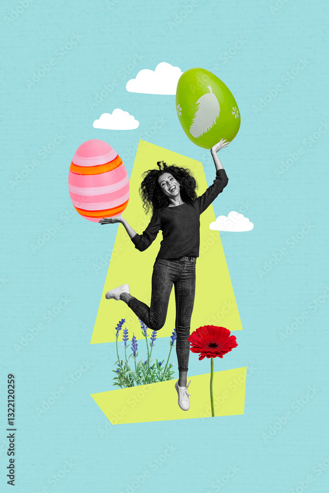Fototapeta premium Vertical creative collage poster happy standing girl showing two easter painted eggs environmental flora blossom holiday celebration