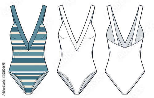 Swimsuit with Deep V-Neck and Striped Pattern Technical Fashion Illustration. One Piece Swimsuit fashion flat technical drawing template, front and back view, white, vintage blue, women CAD mockup set