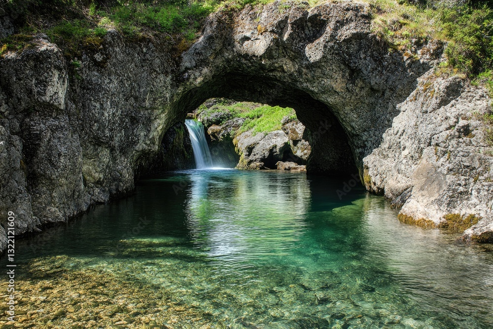 Crystal-clear pool beneath natural archway Crystal-clear pool beneath natural archway