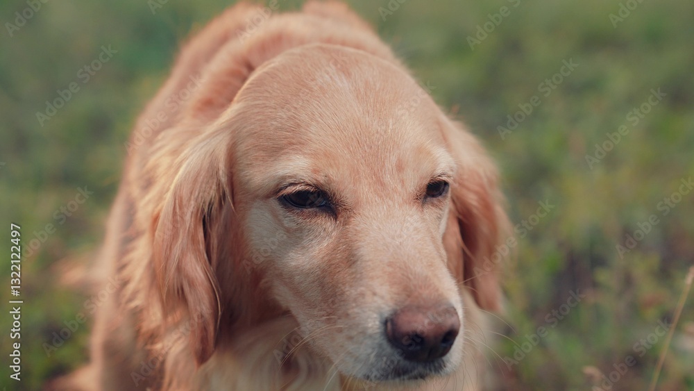 Red dog, close-up portrait, slow motion. Kind dog face, pet walking in park on lawn. Dog looking at camera. Spaniel close-up. Pet love concept. Walking pet in nature. Pedigree calm dog Red dog, close-up portrait, slow motion. Kind dog face, pet walking in park on lawn. Dog looking at camera. Spaniel close-up. Pet love concept. Walking pet in nature. Pedigree calm dog