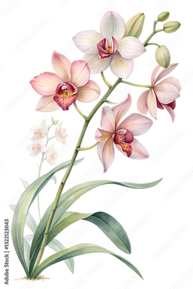 Obraz premium Tropical Orchid Botanical Illustration – Delicate Watercolor Flowers on White