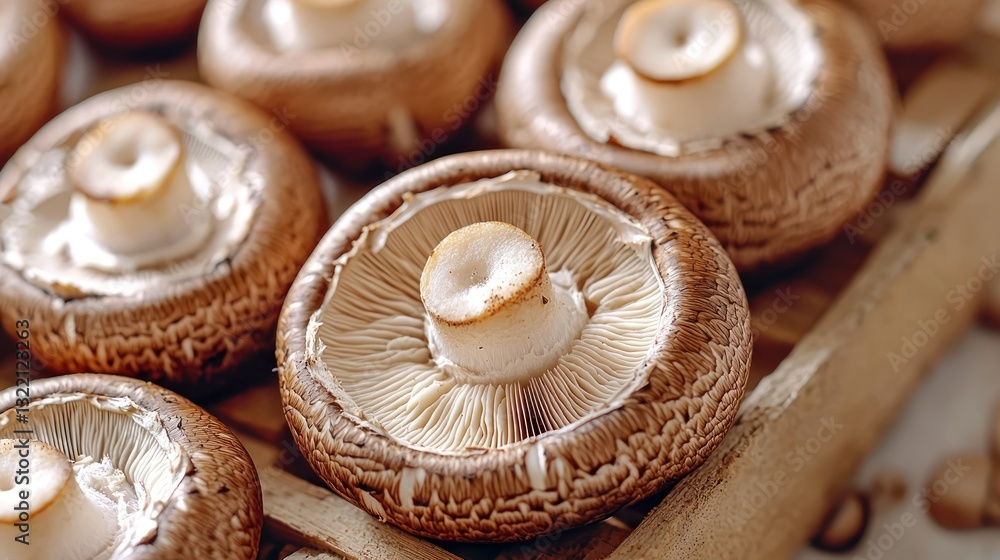 Close-up of fresh brown mushrooms, highlighting texture, gills, and earthy tones Close-up of fresh brown mushrooms, highlighting texture, gills, and earthy tones