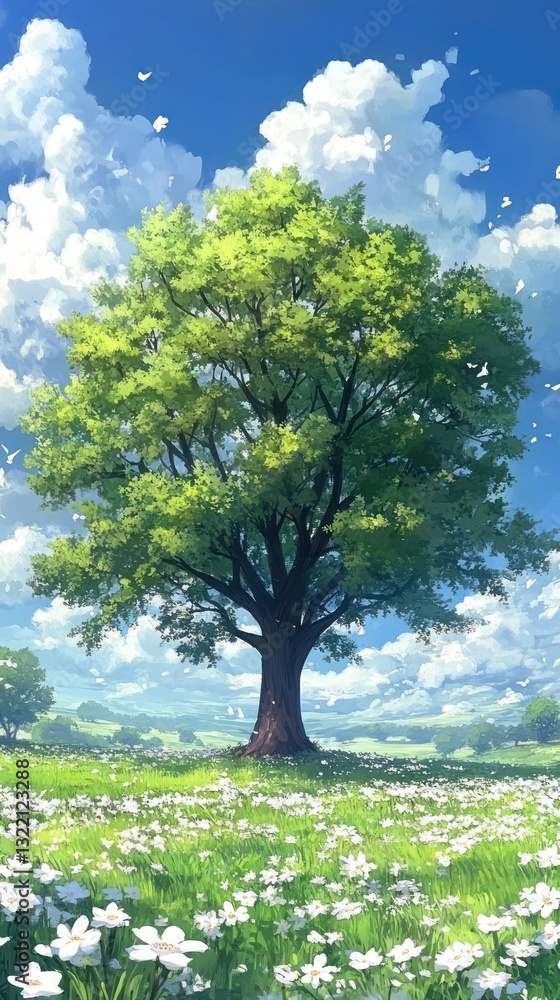 Fototapeta premium A large tree stands tall in a beautiful green field