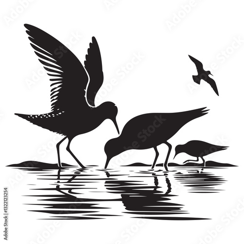 Shorebirds Foraging A Silhouette Illustration of Coastal Birdlife Activity