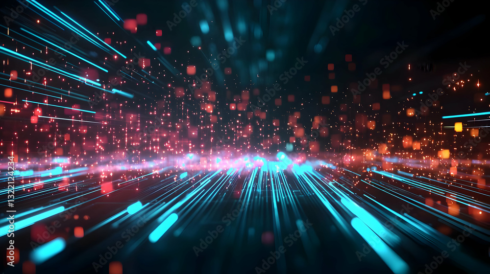 Dynamic Data Stream With Glowing Blue And Red Particles In A Dark Cyberspace Representing Futuristic Technology And Information Flow Dynamic Data Stream With Glowing Blue And Red Particles In A Dark Cyberspace Representing Futuristic Technology And Information Flow