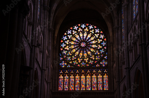 Interior view of Saint-Malo cathedral showing the rose window. Saint-Malo. Brittany. France.