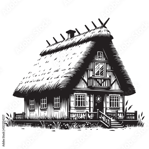 Traditional thatched roof house silhouette drawing vector for heritage