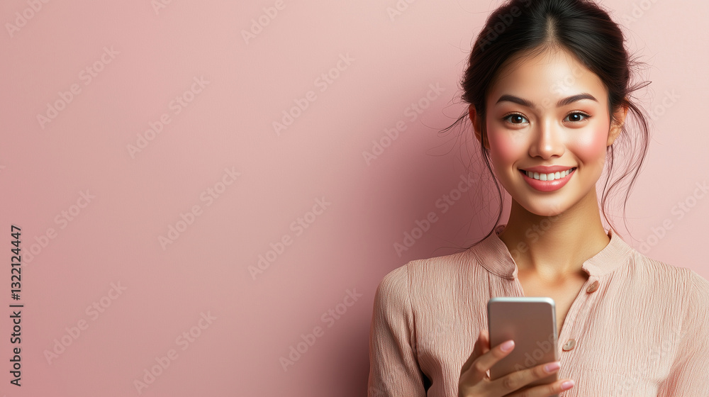 Confident young Asian woman with smartphone in soft pink background Confident young Asian woman with smartphone in soft pink background